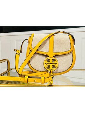 Tory Burch Miller Canvas & Leather Saddle Bag Yellow/Natural Crossbody